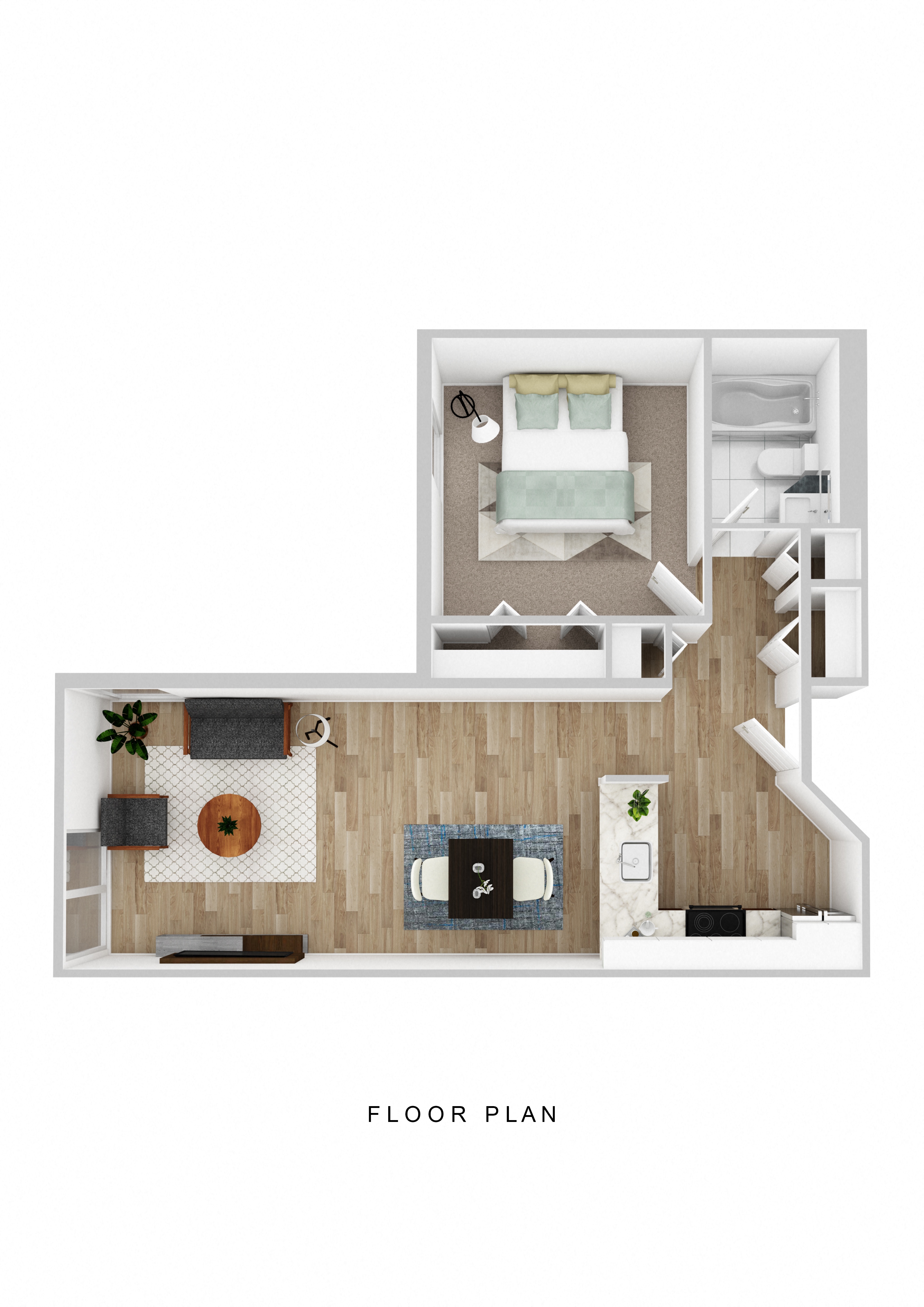 One Bedroom One Bathroom Staged 3D Floor Plan.